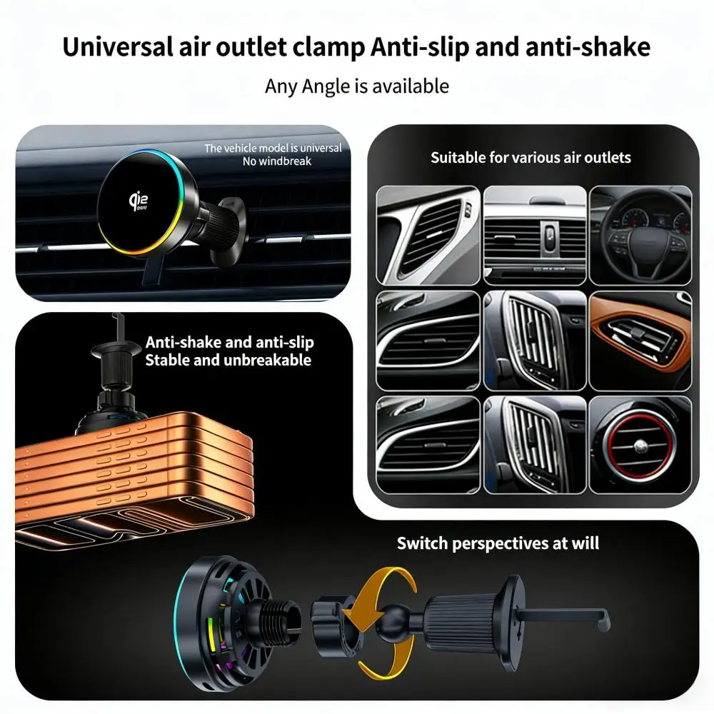 Magnetisches 25W Kabelloses Auto-Ladegerät Lüftungshalterung mit RGB-Ambientebeleuchtung für iPhone 17 16 Pro Max 15 14 13 – Detail 6