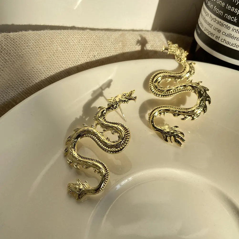 1Pair Golden Dragon Shaped Ear Studs Lasting Color Retention Stylish Lightweight Earrings for Women Daily Wear Festival Gift
