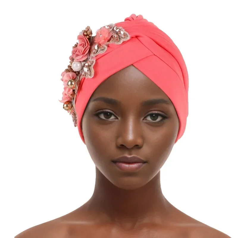 

Pearl Flower Turban Cap for Women Pleated Head Wraps African Auto Gele Headtie Nigeria Wedding Party Headpiece Muslim Hijab Hat