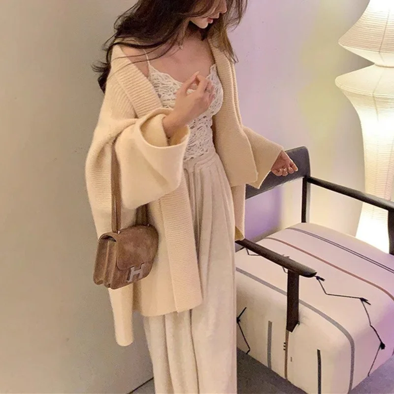 

Mid-Long Cardigans Knitted Womens Spring Kintwears Girls Buttoned Young Shiny Smooth Simple Holes Knot Cozy Versatile Cotton Y2K