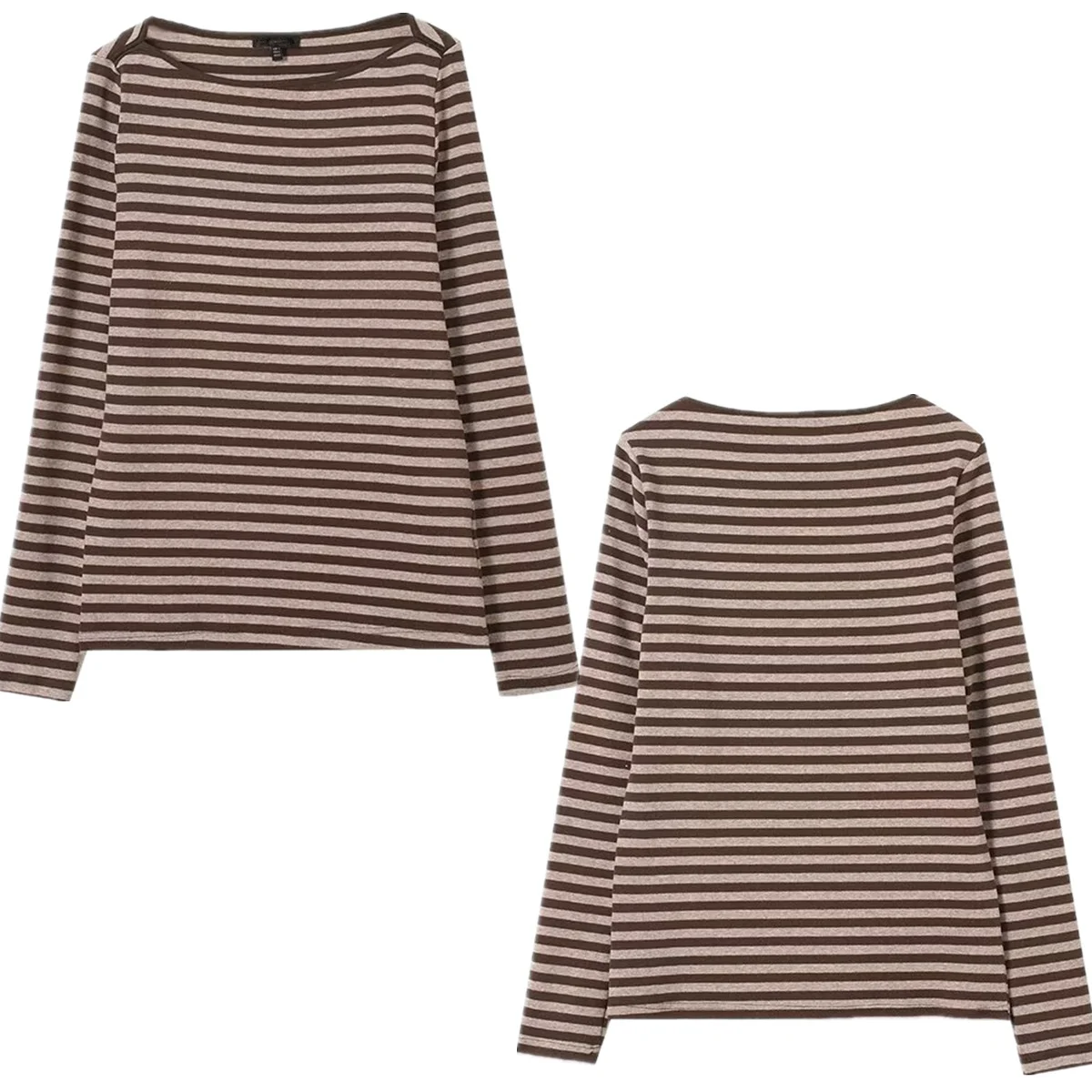 Maxdutti Nordic Minimalist Striped T-shirt Woman Clothes Female Clothing Boat Neck Cotton Blend Slim Fit Long Sleeved T-shirt To