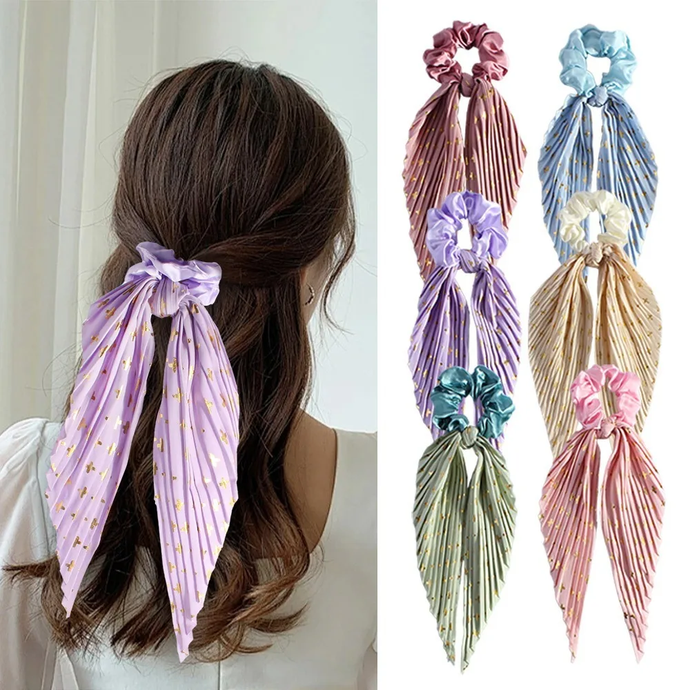 New Pleated Satin Scrunchie Long Ribbon Bow Hair Bands for Women Vintage Elegant Hair Scarf Tie Ponytail Holder Hair Accessories