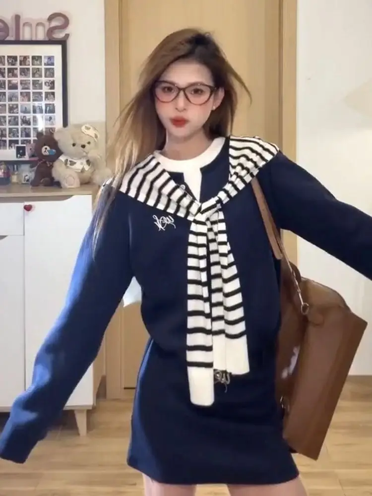 

2 Piece Sets Womens Outfits Spring High-end Designed Niche Sweet College Style Navy Blue Sweatshirt Dress+striped Knitted Shawl