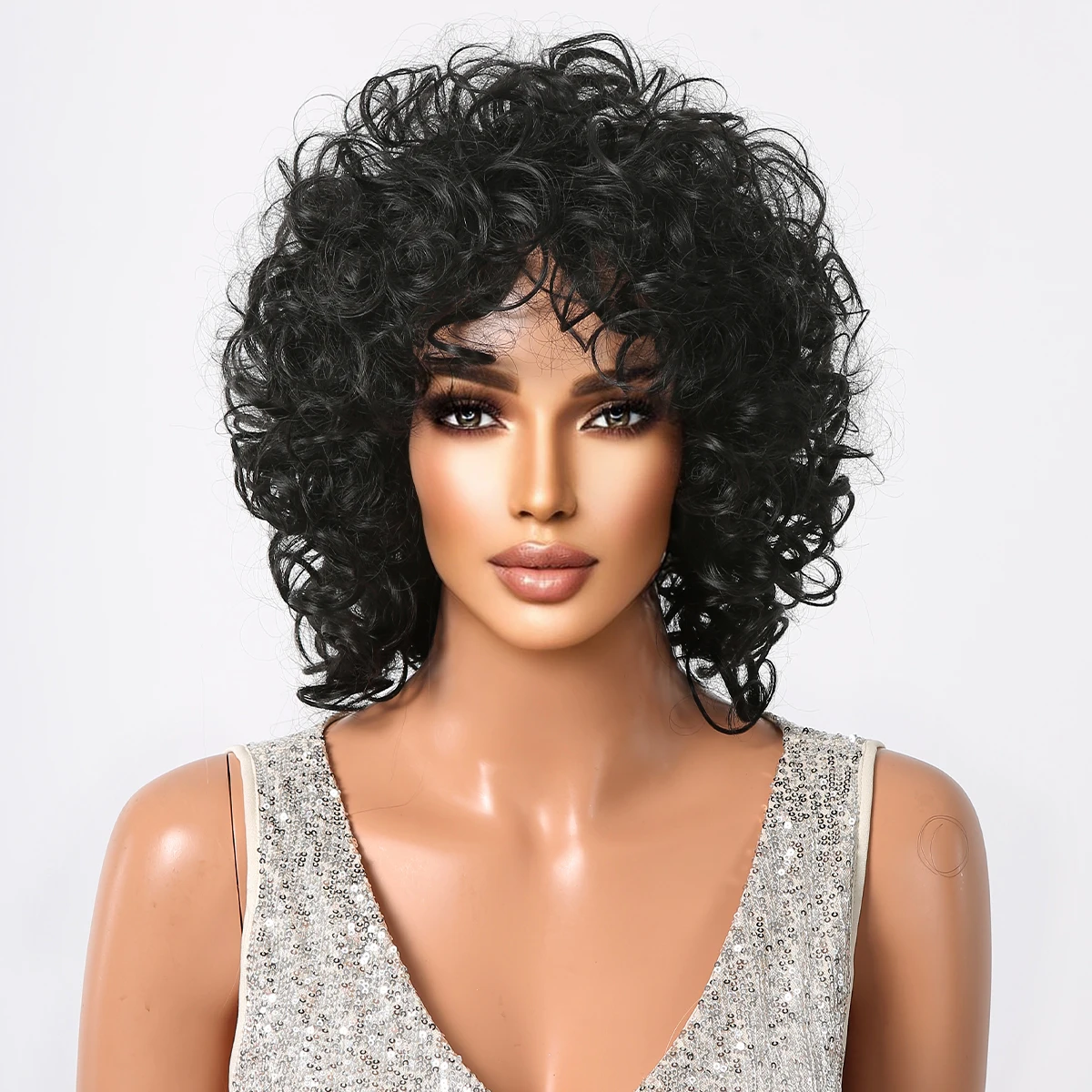 Dark Black Synthetic Kinky Curly Wigs with Bangs Short Afro Curl Bomb Fluffy Wigs for Women Brizilan Daily Party Heat Resistant