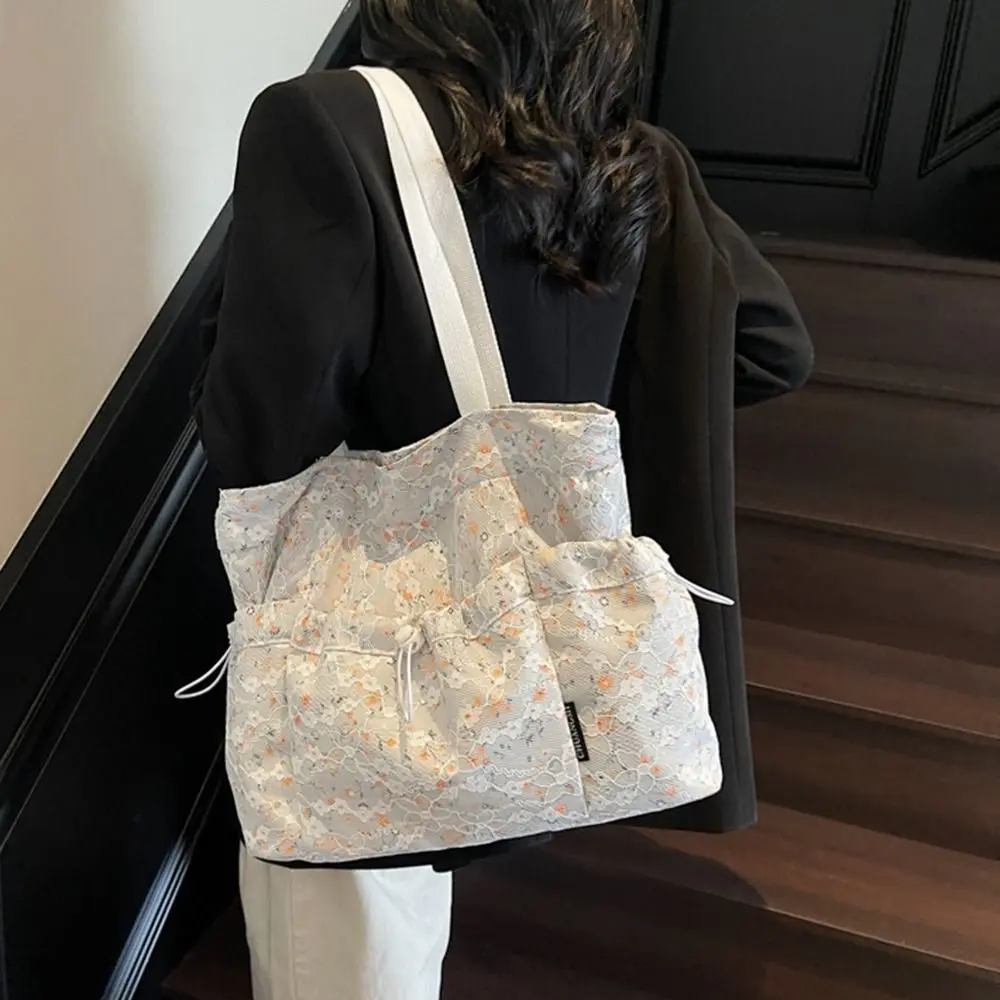 Sweet Harajuku Aesthetic Handbag Large Capacity Korean Style Floral Tote Bag Underarm Cloth Drawstring Shoulder Bag Travel