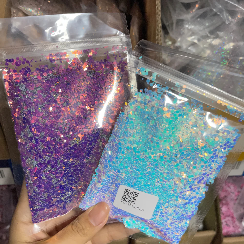 50g/bag Nail Glitter Flakes Mix-Hexagon Holographic Sparkly Powder Mermaid Flakes Glitter Sequin Epoxy Resin Nails Accessory