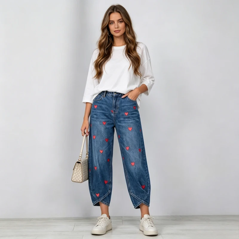 Harem Pant Women Jeans Vintage Washed Pants Elegant Splice Work Casual Heart Print Mid Waist Straight Trousers Y2k Streetwear