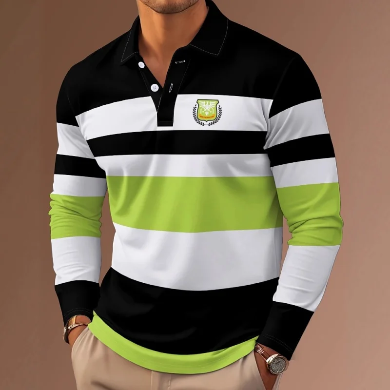 2025 New Classic Stripe Printed Men's Long Sleeve Polo Shirts Autumn Casual Comfortable Fit Button Polo Tops Street Man Pullover
