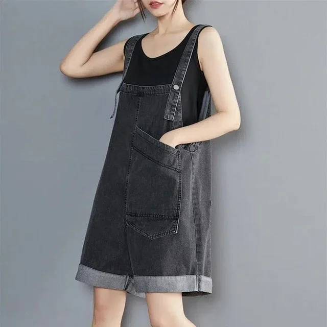 Rompers Women Summer Baggy Solid Wide-leg Overalls Students Korean Style Big Pocket Jeans Jumpsuits Female Shorts Playsuit V1241