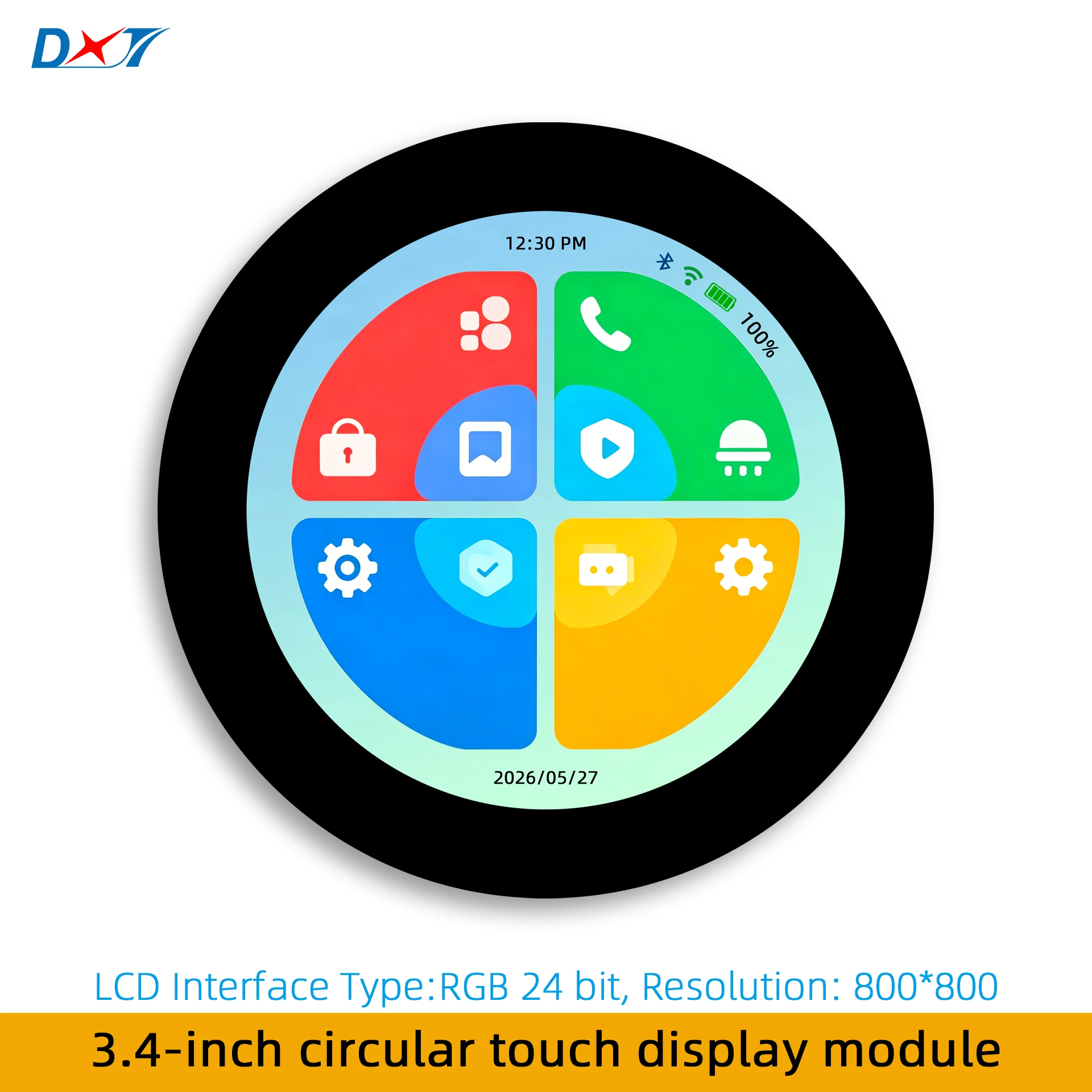3.4-inch touch display module, circular TFT LCD, 800*800 resolution, RGB 888 interface, suitable for electronic product developm