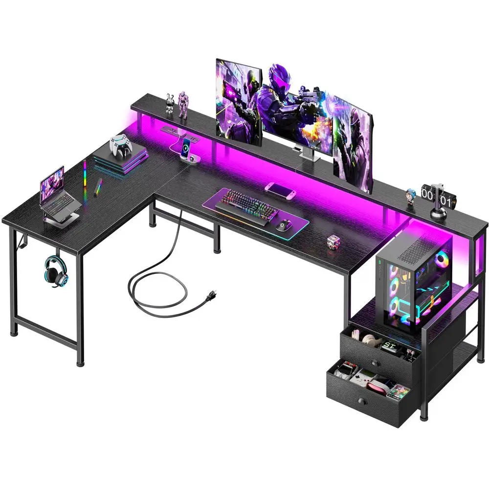 66 L Shaped Gaming Desk with Drawers and Storage Shelves, Reversible Corner Desk with Power Outlets and Host Stand, Large Comput