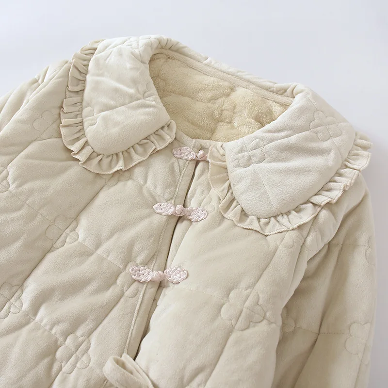 2025 حار بيع جديد مائل طوق دمية طوق المرجان الصوف سترة قطن وسراويل سميكة المنزل قطعتين مجموعة للنساء #2