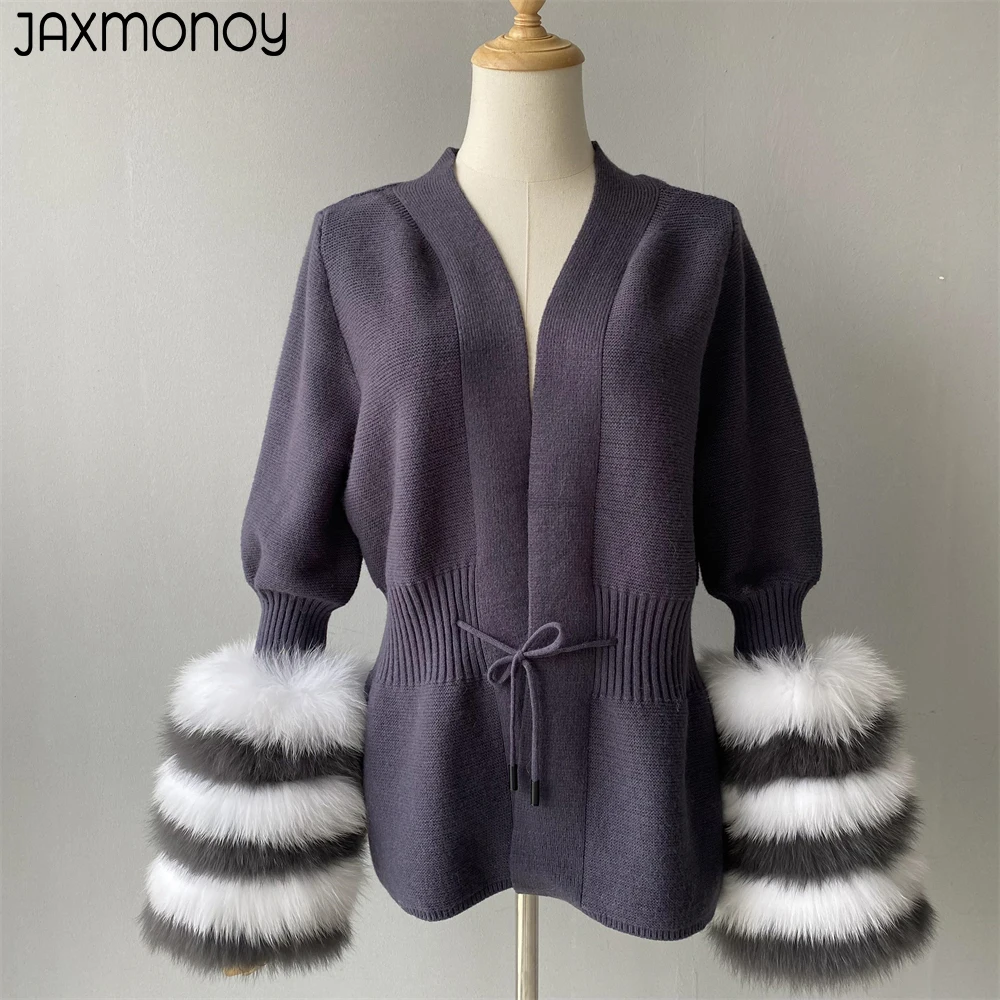 Jaxmonoy Cashmere Cardigan With Real Fox Fur Cuffs Ladies Spring Full Sleeves Belt Slim Knitted Sweater Coat Autumn Outerwear