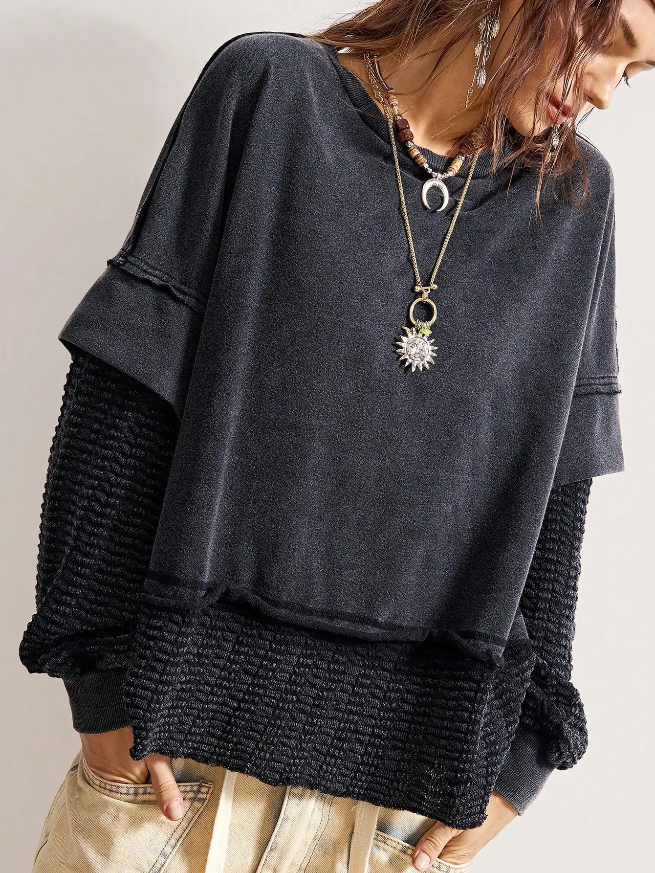 

Вязаный свитшот в стиле бохо для женщин, свободный крой, с длинными рукавами, круглым вырезом, зимний повседневный топ