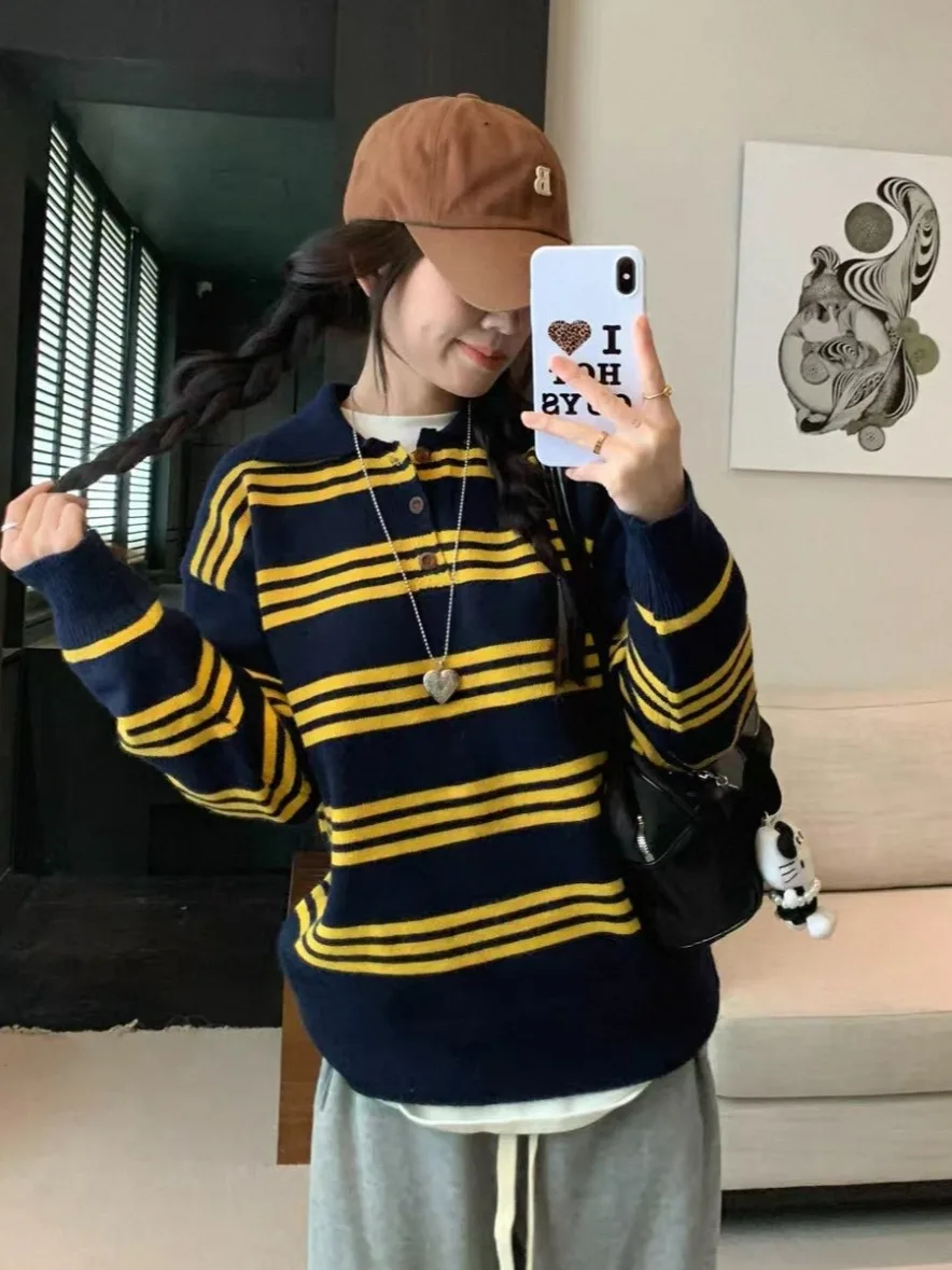 

Корейский полосатый свитер в стиле ретро, женский повседневный вязаный топ, цветной дизайн, осенний новый модный свободный крой, длинный ...