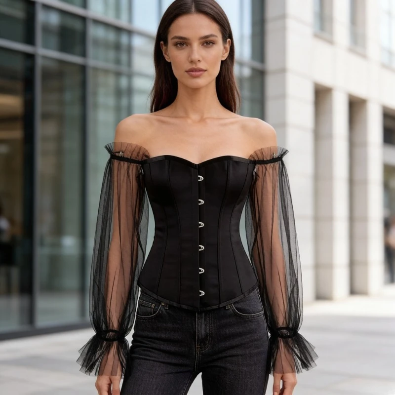 

Black Off Shoulder Corset Top with Mesh Long Sleeves Gothic Body Shaper Bustier