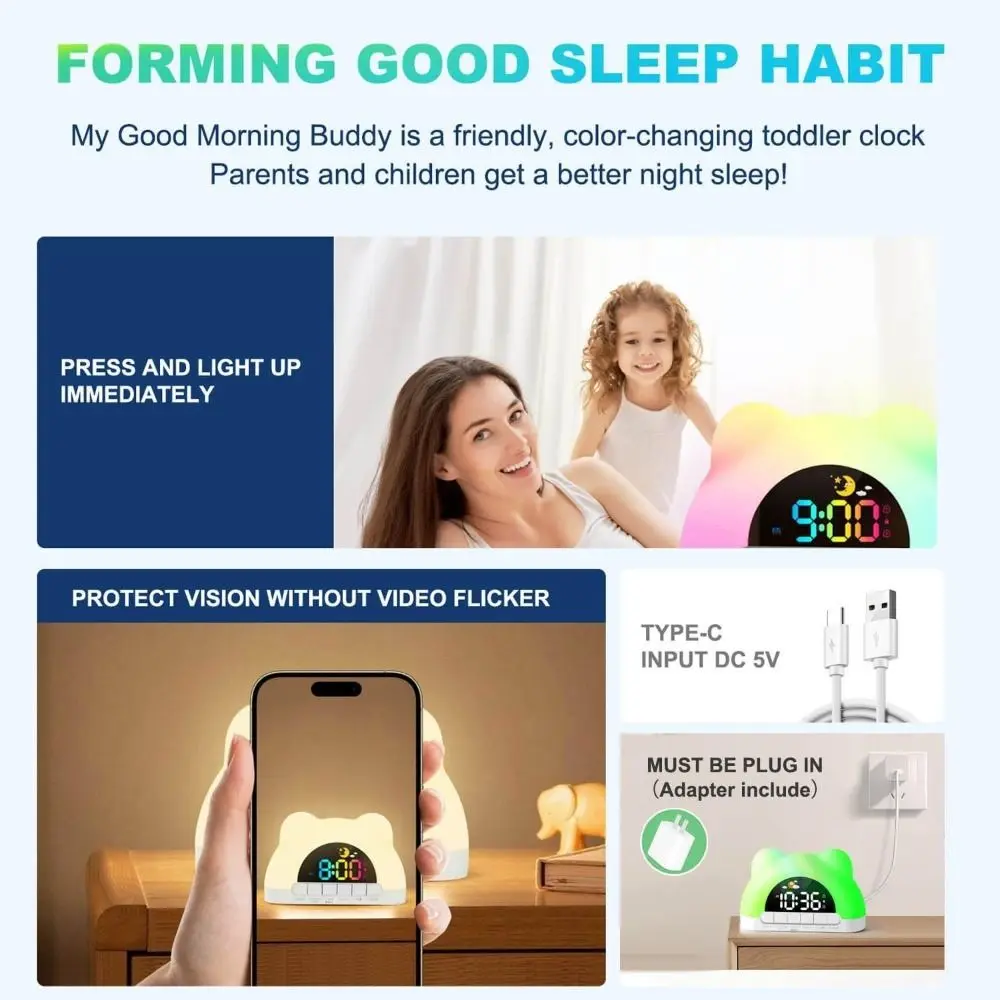 Practical Digital Display Alarm Clock 10 Ringtones Unisex Lock Sleep Training Clock 11 Color Night Light Wake Up Clock Nursery