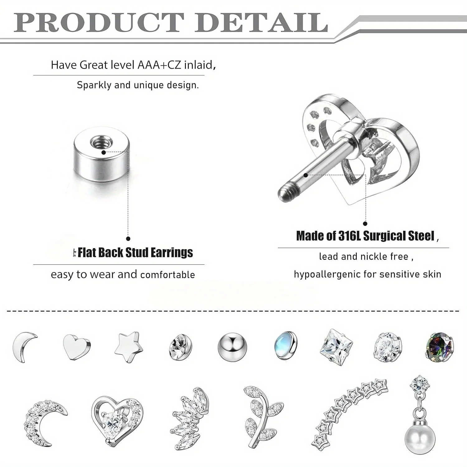 Drperfect-Boucles d'oreilles en acier inoxydable pour femme, clou de cartilage, opale, étoile, perle, clou de fleur, piercing d'oreille, bijoux