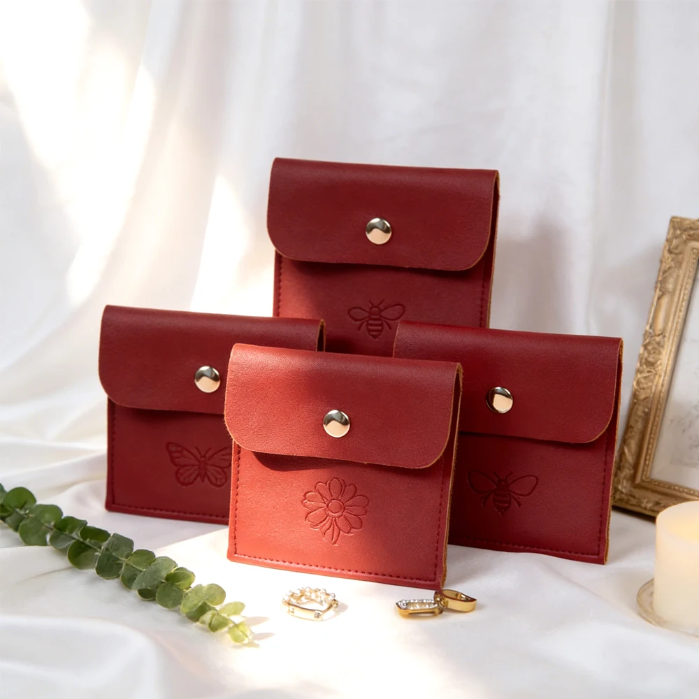 

100Pcs Custom Logo Jewelry Packaging Pouch Red PU Leather Button Gift Bag Jewellery Pouches Perfect for Rings Necklaces Charms