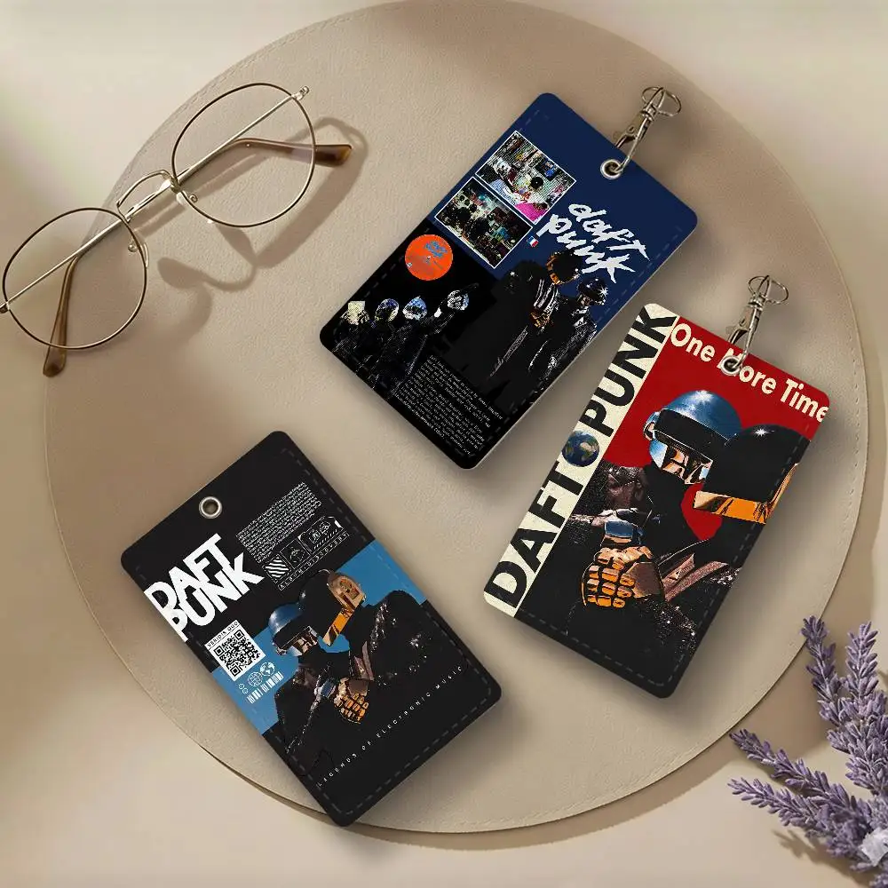 Around The World Daft Punk PU Leather Card Holders Anti-lost Student ID Protective Cover Cases Campus Access Cards Key Chain