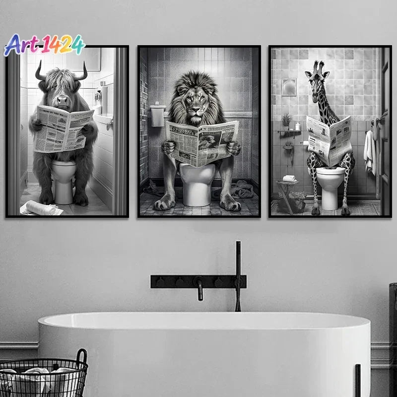 Funny Bathroom Tiger Cow Sitting on Toilet Reading Newspaper Poster Modern Wall Art HD Picture Canvas Print For Room Home Decor