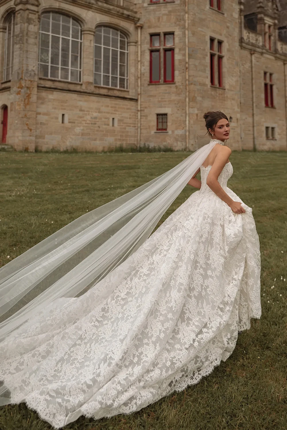 Customized Strapless Sweetheart Lace A-Line Bridal Gown Scalloped Hem Cathedral Train Extra Long Matching Lace Veil Wedding Gown
