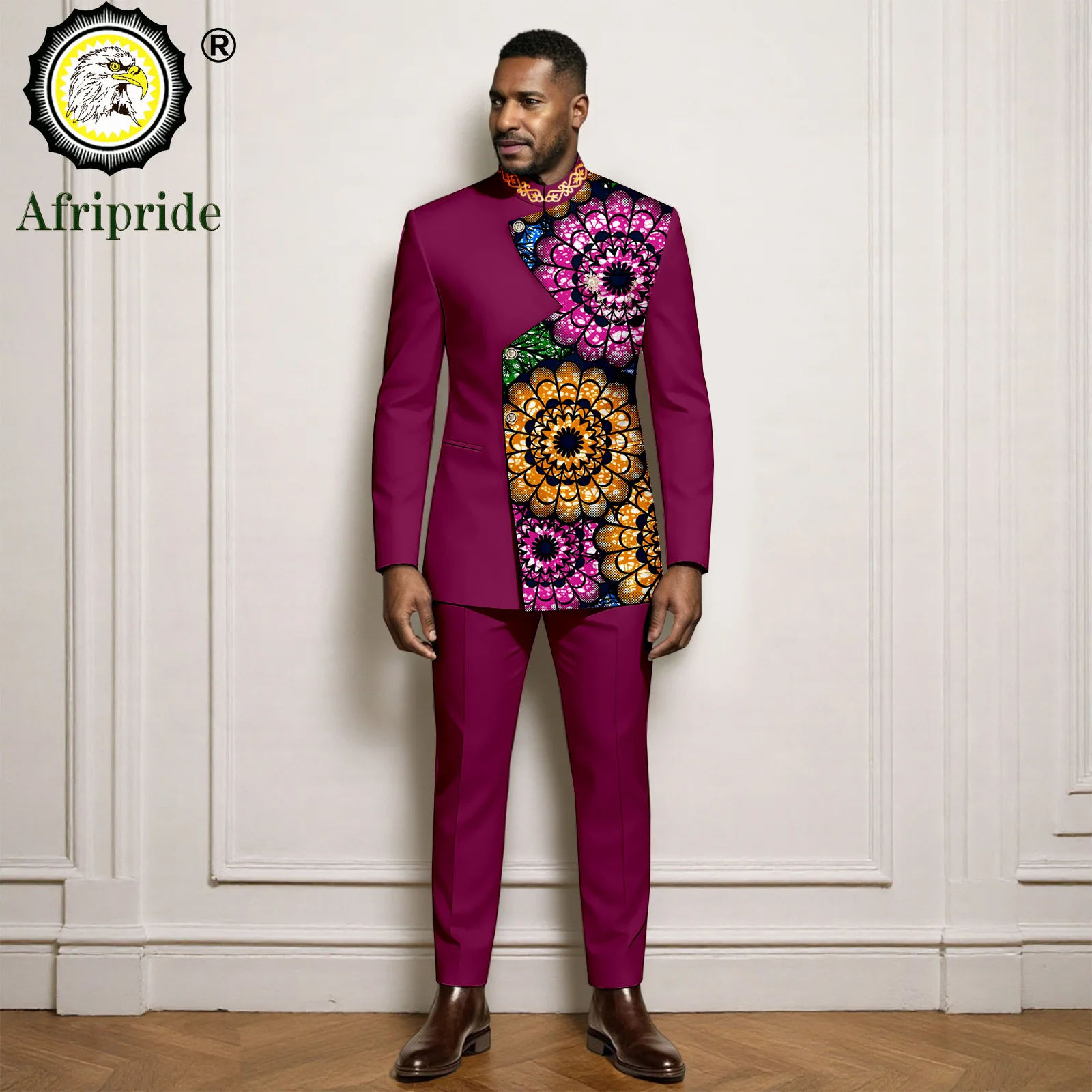 Men`s Business Suits Brooch Single Breasted Embroidery Print Blazer and Pants Set African Clothes Bazin Riche Attire 2616019