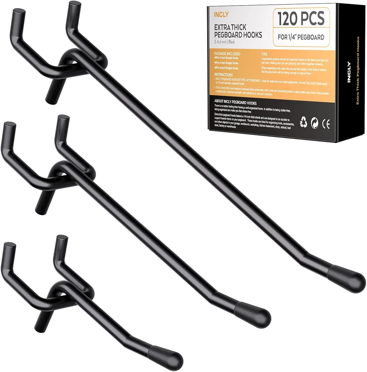 

120 Pack 2/4/6 Inch Pegboard Hooks, 1/4" Heavy Duty Pegboard Shelving Accessories, Pegboard Tool Hangers for Garage, Workshop