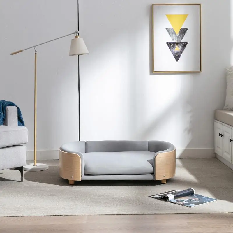 أريكة سكاندي المرتفعة لسرير الكلاب مع أرجل خشبية صلبة، ظهر خشبي منحني، وسادة مخملية، مقاس كبير #6