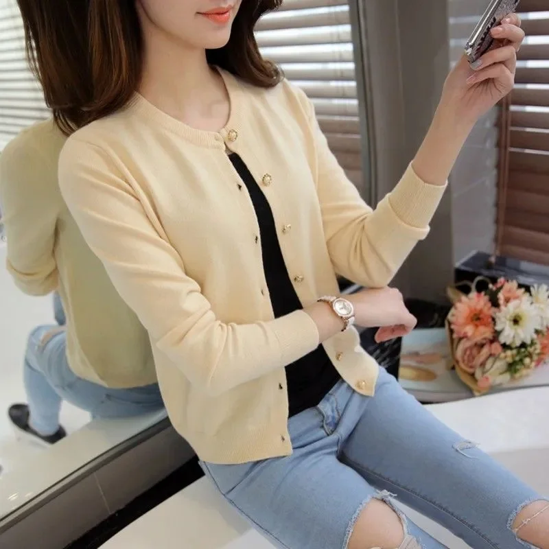 2025 Knitted for Women Cardigan Korean Single Breasted Long Sleeve Jumper Woman Round Neck All Match Cardigans Outwear