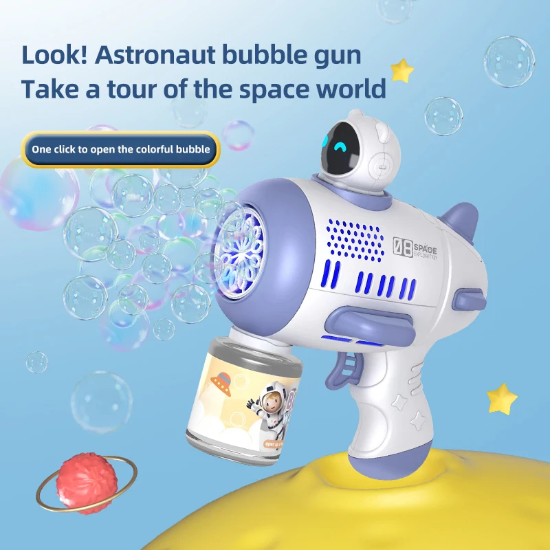 Pistola ad acqua automatica Spaceman Rocket soffiatore a bolle di sapone a forma di 12 fori con giocattolo a macchina a bolle luminose per regalo di