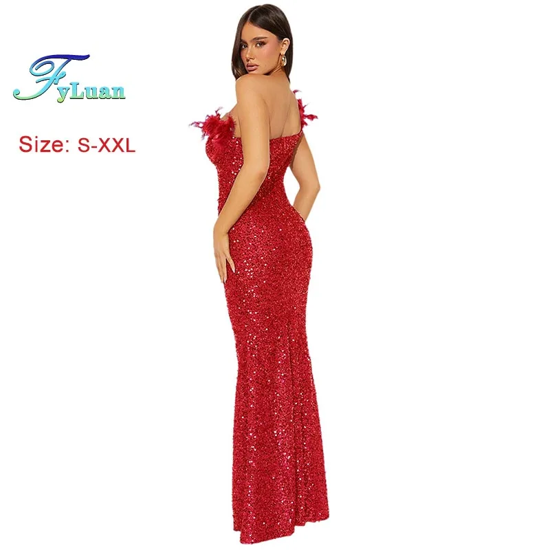 جديد أزياء المرأة فستان طويل بلون الترتر ريشة الربط Bodycon اللباس مثير مساء حفلة موسيقية الملابس يميل فستان بكتف