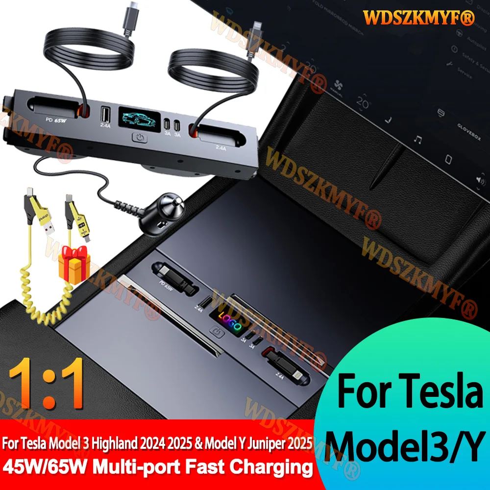 65w-45w-車載usb充電器-5ポート、テスラ-モデル3-2024-2025-y-2025-センターコントロール用、格納式ケーブル付き、テスラアクセサリー