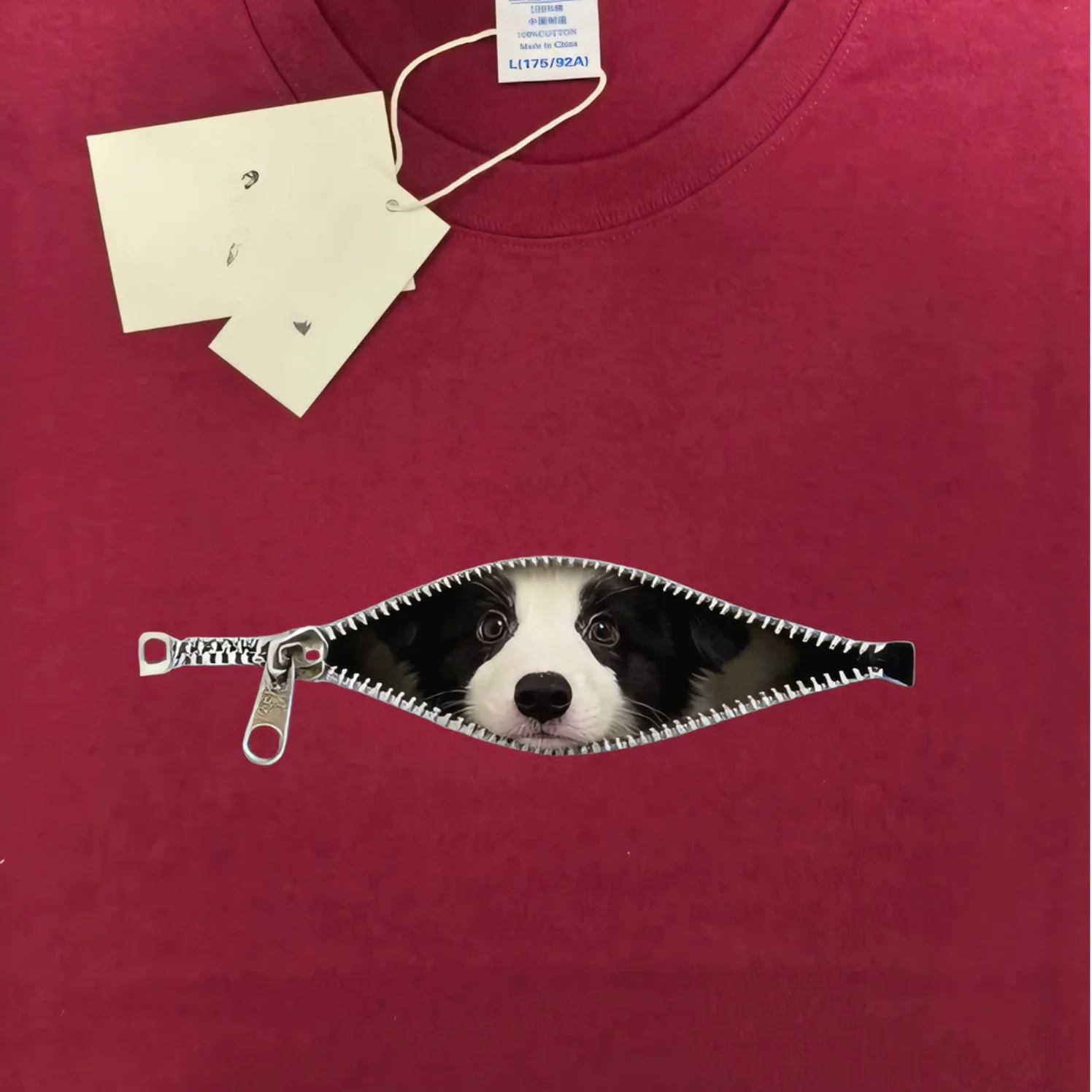 Creative Zipper Long Sleeve T-Shirt Pure Cotton Unisex Dog Print Top for Autumn Winter Commuting Cute Animal Lover's Tee