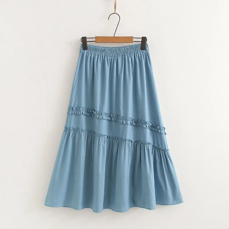 2026 Summer Retro Elastic High Waisted Denim Skirt Women's Ruffles Spliced A-Line Casual Skirts Korean Fashion Sweet Jean Skirts