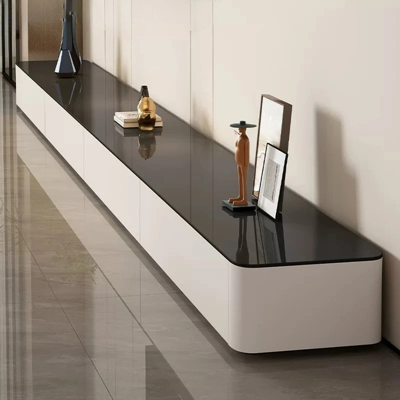 Modern Black & White TV Stand Glossy Stone Top Low Console Minimalist Living Room Cabinet for Small Apartment Home Furniture