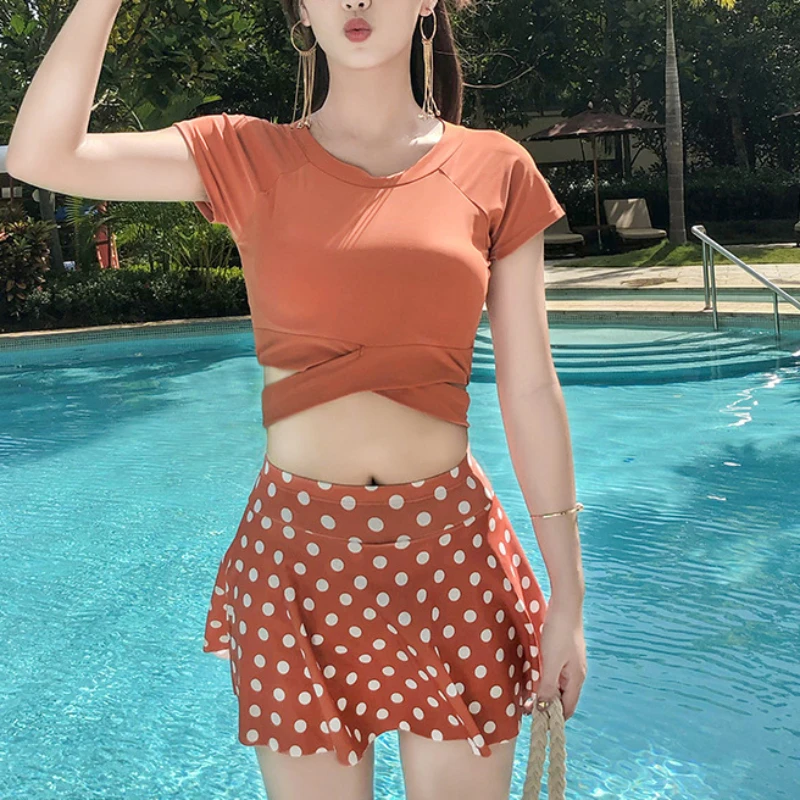 Summer Casual Sports Style Fashion Women's Bikini Three-quarter Sleeve Round Neck Short Top Polka Dot Mini Skirt Trendy Swimsuit