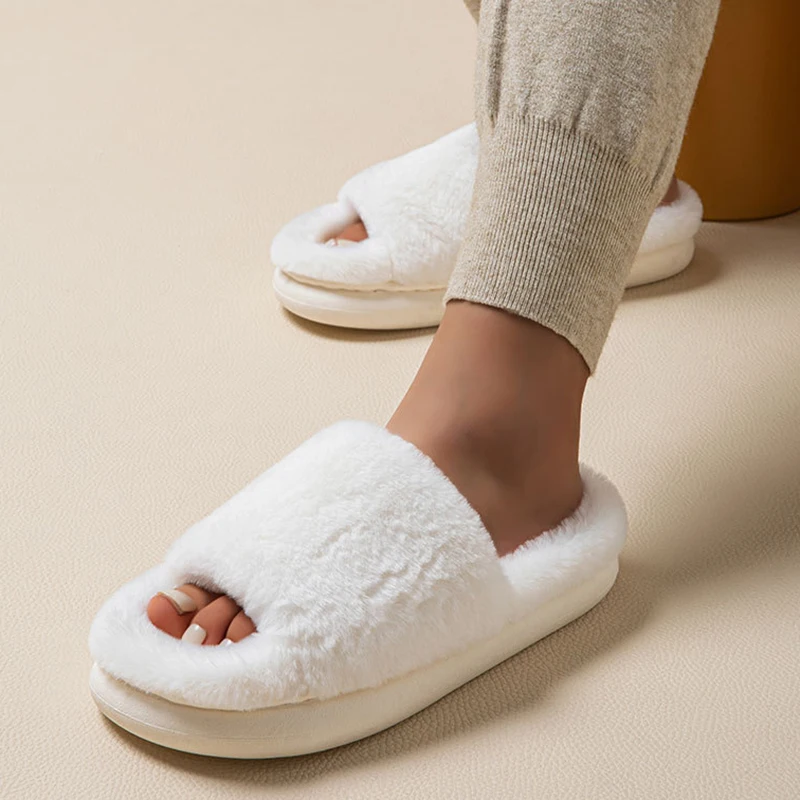 Fashion White Platform Fur Slippers for Women 2024 Winter Warm Plush Home Slippers Woman Open Toe Non Slip Indoor Fuzzy Slides