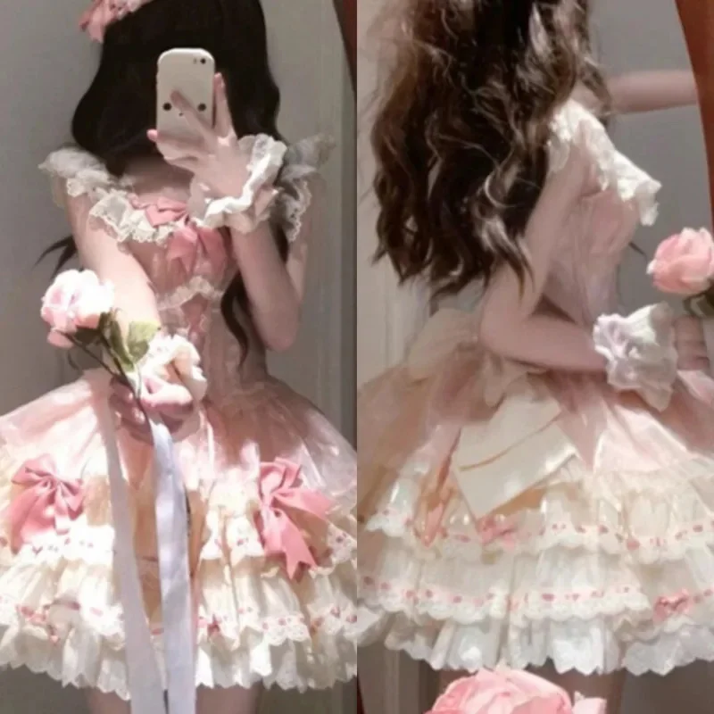 

Bow Y2K Cake Dresses 3D Lolita Stripe Thousand Layer Splicing Cute Sweet Princess Ruffle Square Neck Short Sleeve Puff Skirt New