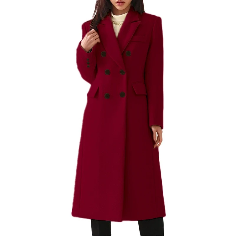 Classy Double Breasted Long Overcoat Lapel Collar Long Sleeve Pockets Solid Color Warm Winter Commute Office Lady Outerwear Coat