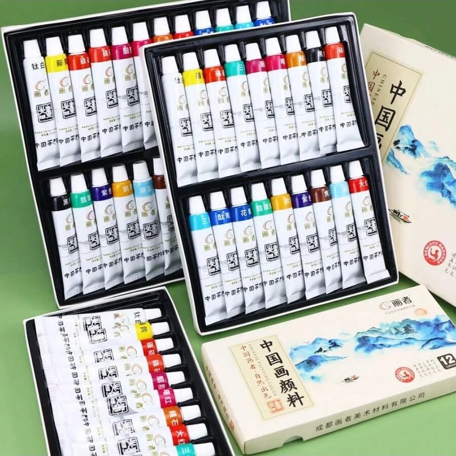 12/18/24/36 Color Chinese Paint Set + Palette + 1 Brush - 0.4 Oz Each, Suitable for Beginners with Ink for Traditional Calligrap