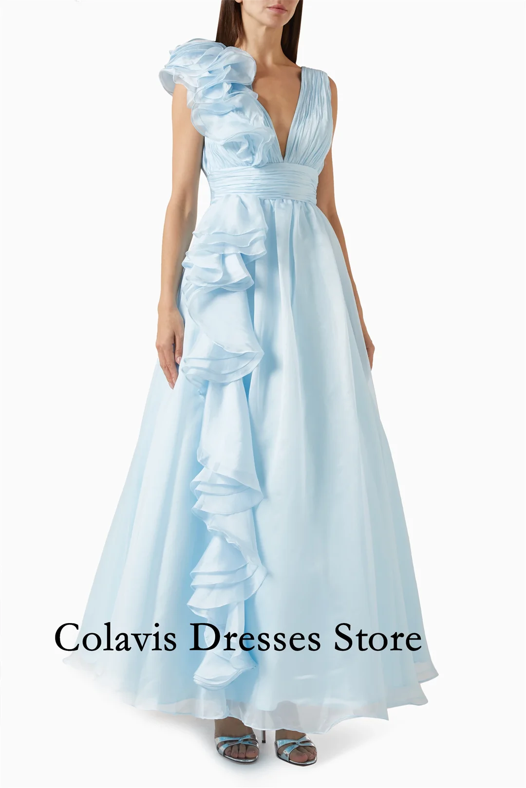 

2025 Customized V-Neck Ruffles Organza A-Line Sky Blue Prom Dresses Evening Dress Women Evening Gowns Formal Party Dress
