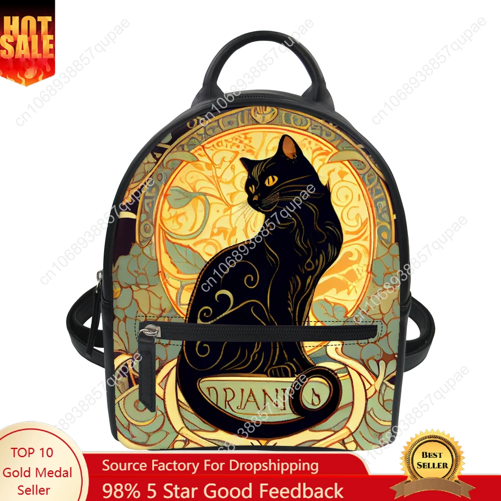

Retro literary Noble Black Cat Custom Backpack Purse Women Carter Schoolbags Double Shoulder Bag Mini Daypack Leather Travel Bag