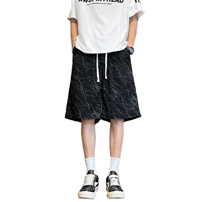Mens Summer Casual Shorts Marble Pattern Elastic Waist Drawstring Breathable Stretch Comfort Outdoor Beach Lounge Wear Fashion