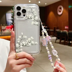 3D Flower Pearl Chain Phone Case For iPhone 11 12 13 14 15 Pro Max XR X XS SE 2022 2020 7 8 15 Plus Case With Lanyard Soft Cover