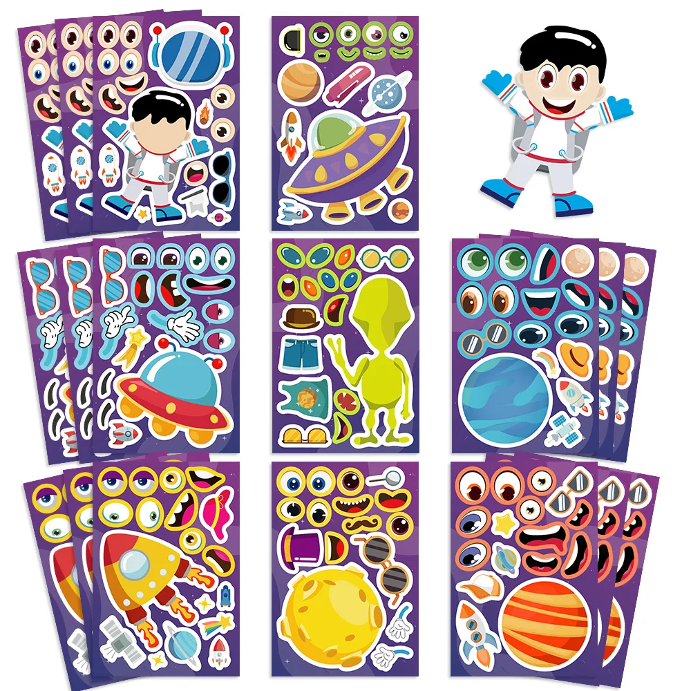 8/16/24pcs Space Planet Rocket Puzzle Sticker Make A Face Stickers Creative & Design DIY Decal Fun Craft Family Party Toys