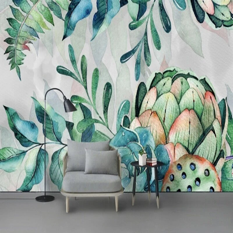 جدارية جديدة حديثة وبسيطة مرسومة يدويًا على شكل زهرة ونباتات خضراء لتزيين المنزل وخلفية جدارية مخصصة #1