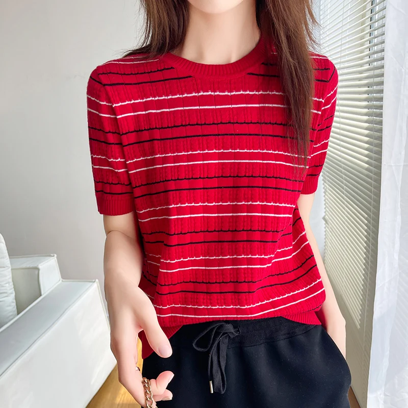 Women\'s New Summer T-shirt 100% Cotton Sweater Short Sleeve Casual Stripe Knitted O-Neck Pullover Loose Soft Baida Top T-shirt