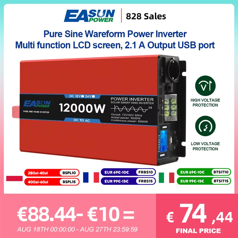 EASUN 12000W 8000W 5000W Inverter a onda sinusoidale pura DC 12V 24V a AC 220V convertitore portatile Power Bank trasformatore Inverter per auto
