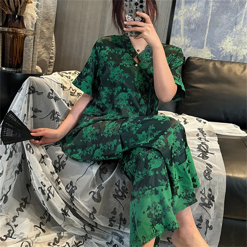 

Jacquard Women Pajamas Set Classic New Chinese Style Sleepwear Trouser Suits Spring Summer Silk Satin Loungewear Loose Homewear